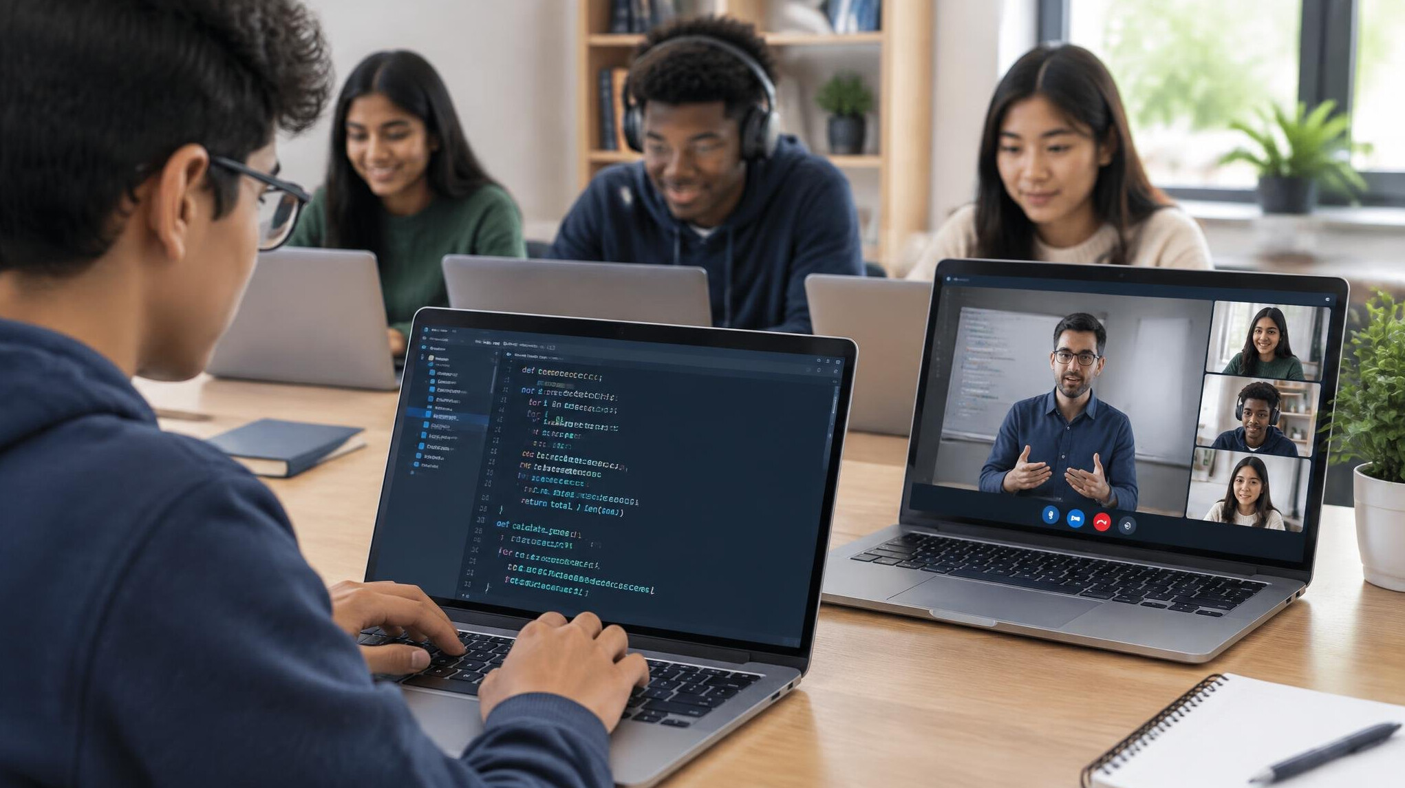 students learning coding on laptops
