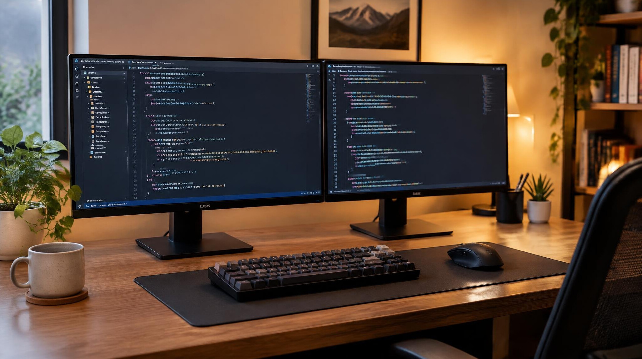 Desk setup with multiple monitors showing code