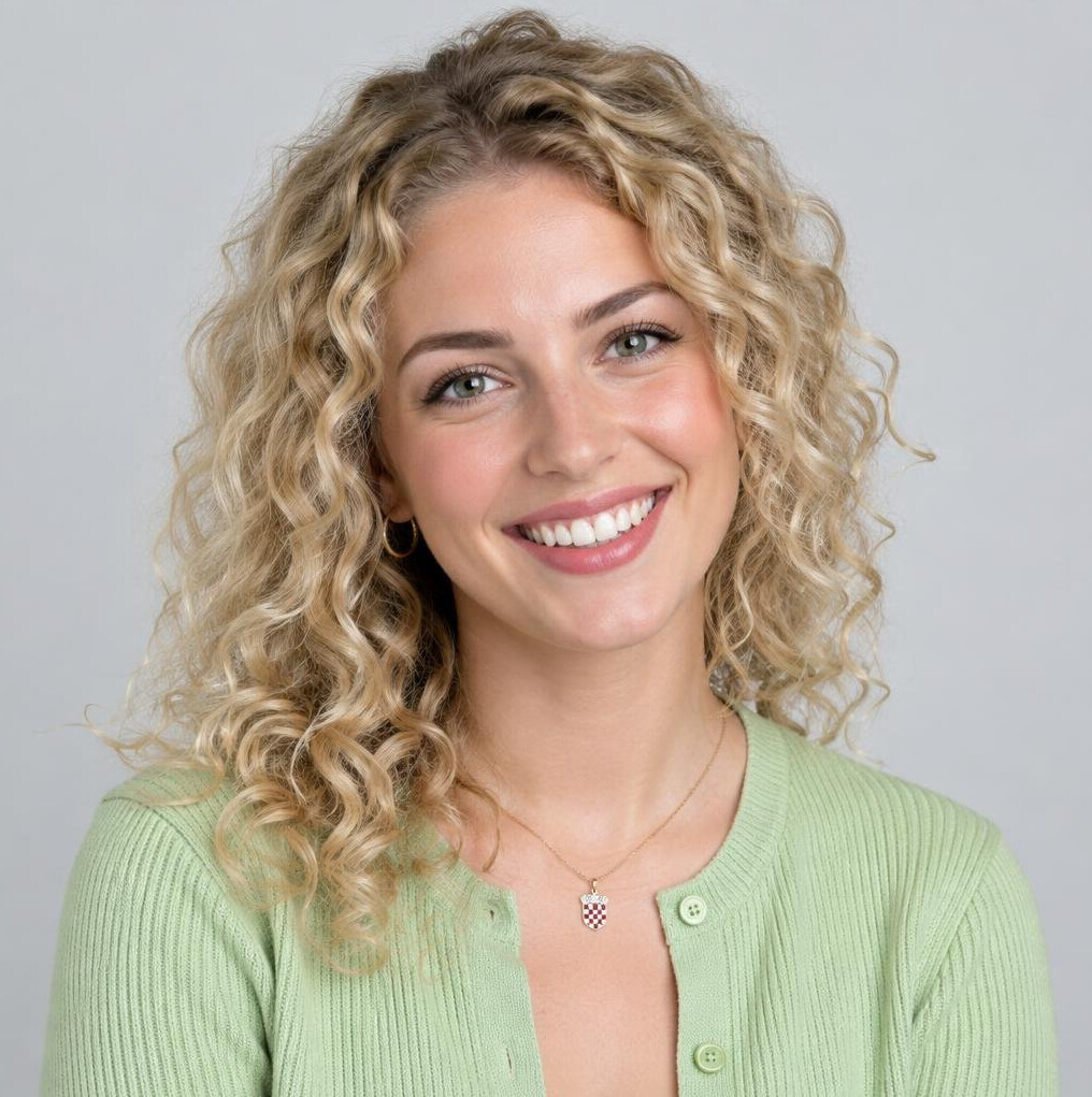 Studio portrait of a young Croatian woman with curly blonde hair