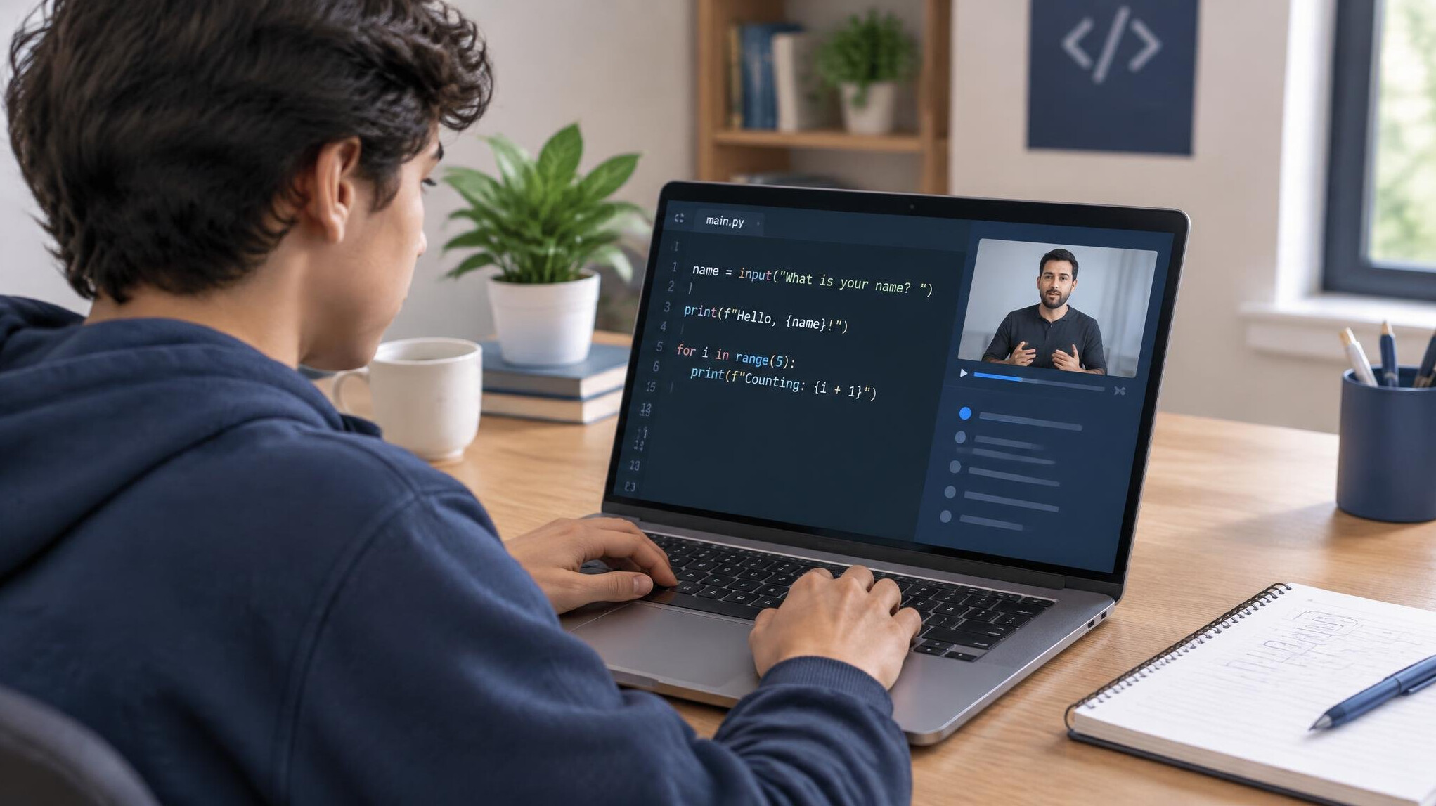 young person learning to code on laptop